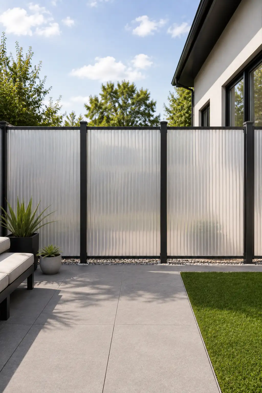 Modern translucent privacy fence made from vertically ribbed frosted panels set between slim charcoal posts, allowing soft daylight through while creating a bright contemporary backyard boundary beside a concrete patio, green lawn, and modern home.