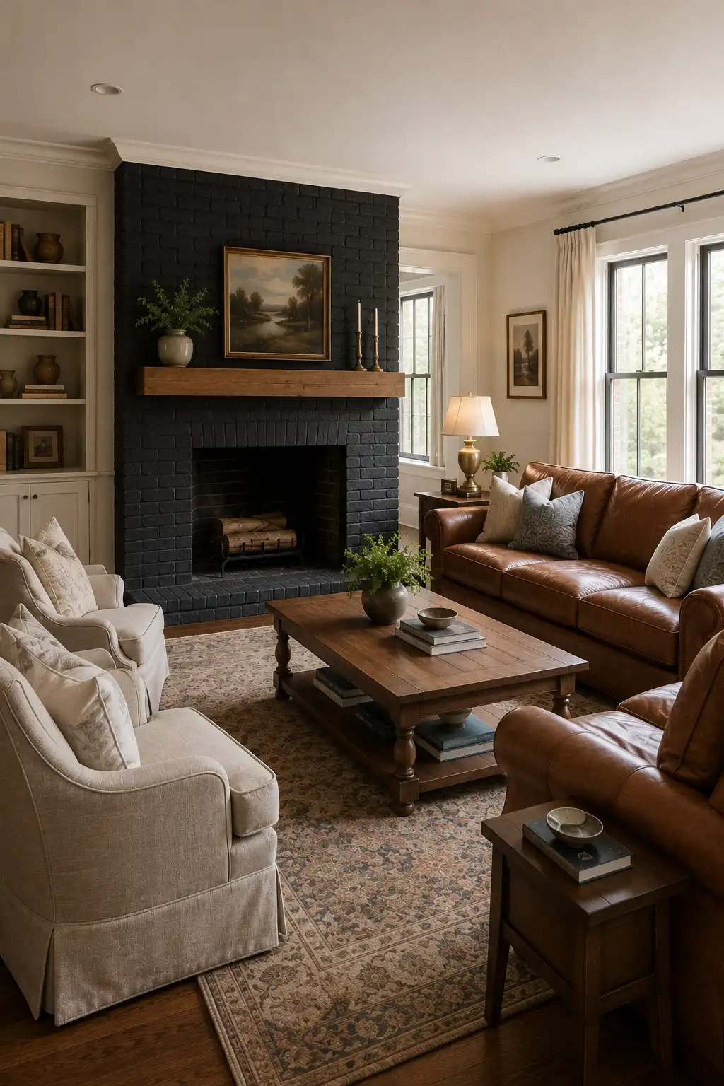 Joanna Gaines inspired living room with a dramatic black painted brick fireplace, thick natural wood mantel, cognac leather sofa and chair, cream upholstered armchairs, rustic square coffee table, muted vintage rug, built in shelving, landscape artwork, and warm neutral decor.