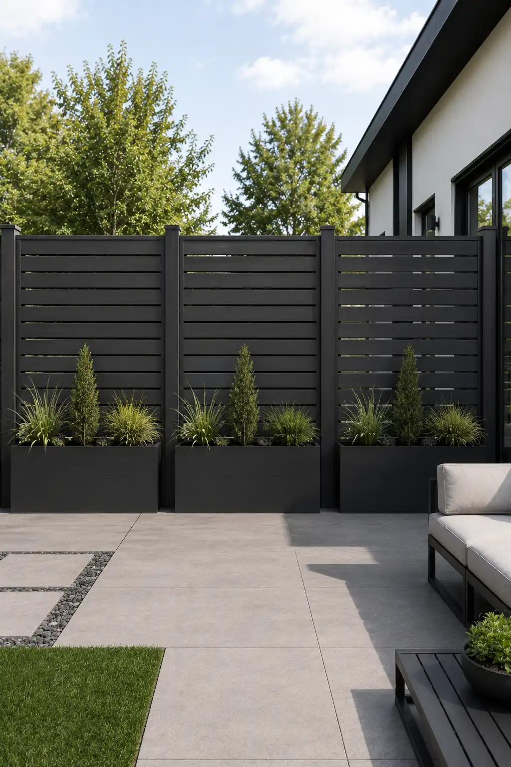 Modern horizontal slat privacy fence with integrated rectangular planter boxes at the base, combining dark charcoal boards with structured greenery to create a polished contemporary backyard feature beside a spacious concrete patio and outdoor seating.