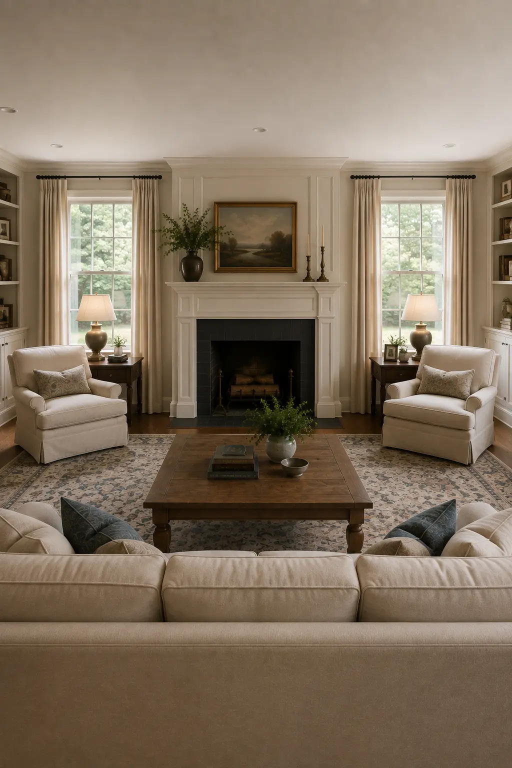 Symmetrical Joanna Gaines inspired living room featuring a traditional white fireplace between two tall windows, matching cream armchairs, large rustic wood coffee table, patterned vintage rug, neutral sofa, dark wood side tables, landscape artwork, greenery, and softly layered classic decor.
