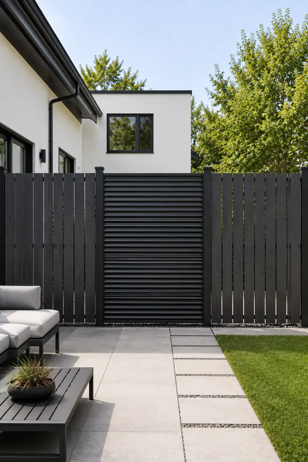 Mixed material modern fence combining dark vertical wood style slats with a central ribbed black metal panel, creating a distinctive contemporary privacy feature across a landscaped backyard with concrete pavers, green lawn, trees, and modern patio furniture.