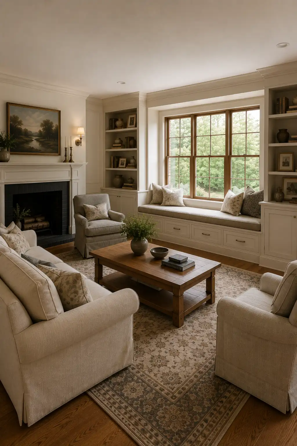Joanna Gaines inspired living room with a built in window seat beneath a wide wood framed window, cream upholstered seating, white cabinetry and bookshelves, traditional fireplace, rustic wood coffee table, vintage patterned rug, warm hardwood flooring, pottery, books, and collected neutral decor.