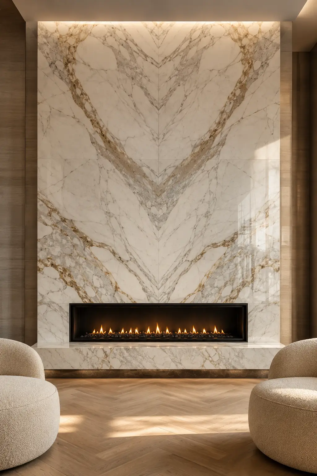 Designer bookmatched marble fireplace wall with dramatic natural marble veining, frameless linear fireplace, floating marble hearth, warm ambient lighting, neutral luxury furniture, and a sophisticated modern living room designed with premium contemporary interior architecture and timeless elegance.