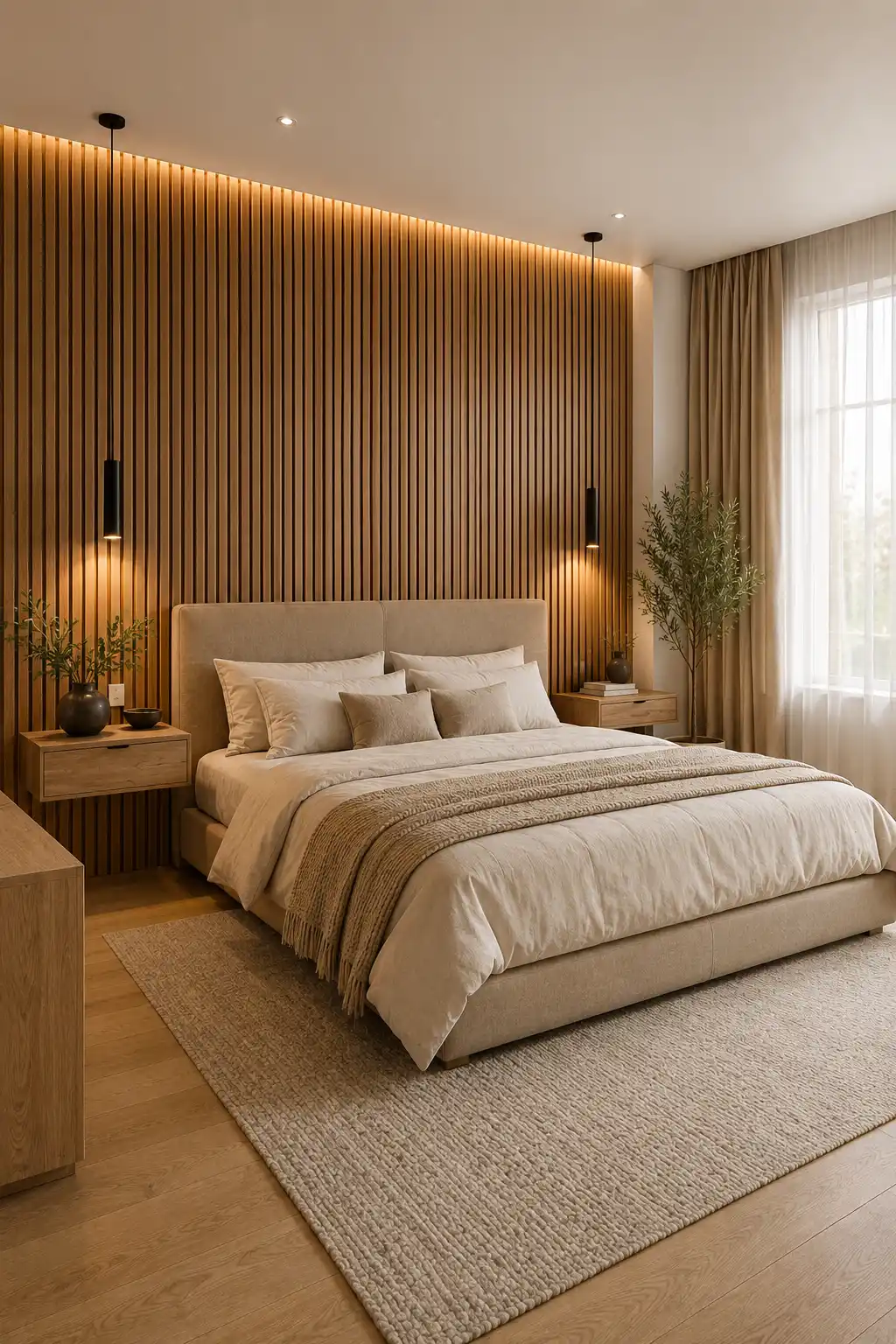 Modern adult bedroom featuring a floor to ceiling wood slat accent wall, cream upholstered bed, layered neutral bedding, floating wooden nightstands, slim pendant lights, warm concealed lighting, textured area rug, and sophisticated contemporary bedroom decor.