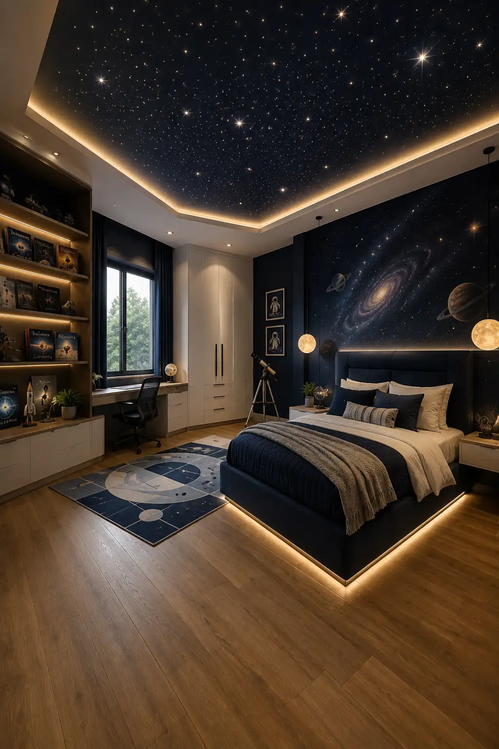 Space themed kids room renovation featuring a deep navy galaxy accent wall, realistic planet details, glowing star ceiling, upholstered bed, telescope, built in study desk, illuminated bookshelves, modern storage, and warm ambient lighting for an immersive bedroom design.