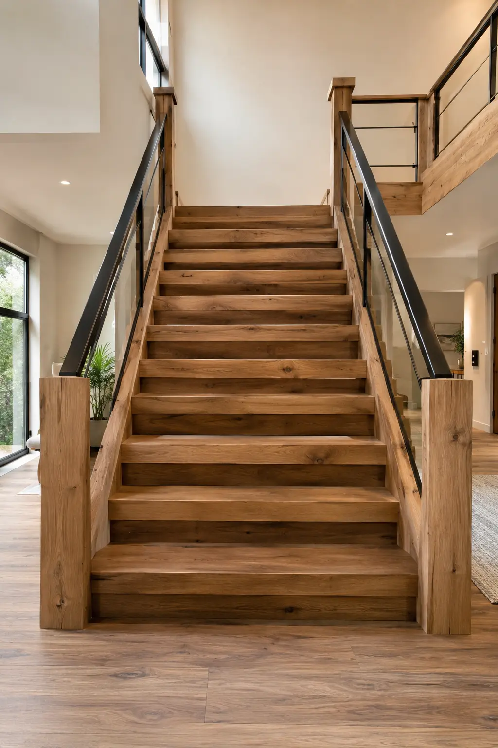 Real modern home staircase with wide natural timber steps, thick oak side supports, oversized square wooden posts, slim black metal balusters, warm wood flooring, bright neutral walls, large architectural windows, and a bold Minecraft inspired block built staircase structure.