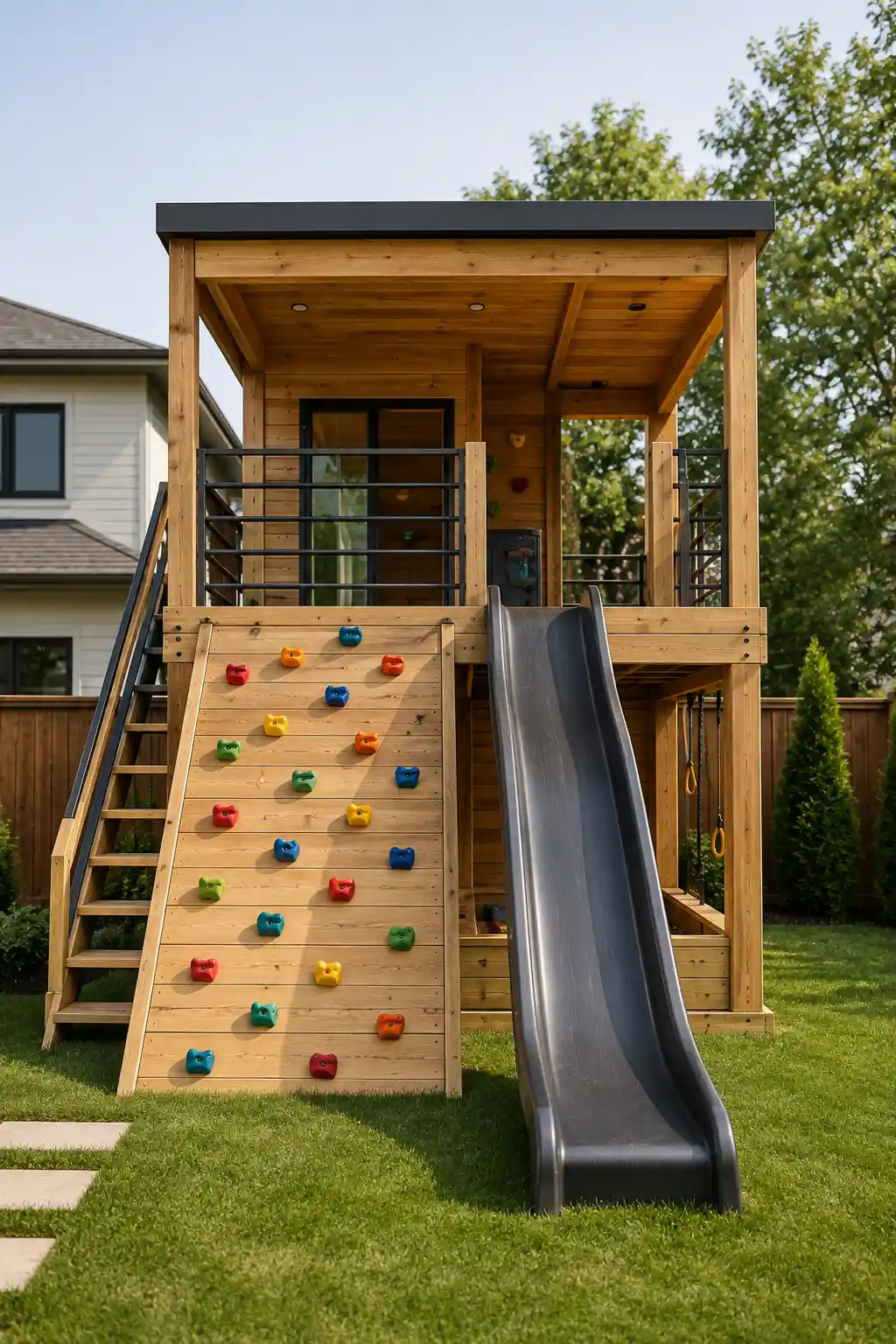 Modern kids playground in a landscaped backyard featuring an elevated natural wood playhouse with a flat black roof, open upper deck, dark metal safety railings, large angled climbing wall covered with colorful climbing holds, wooden access ladder, wide dark gray slide, sturdy support structure, green grass, mature trees, and a contemporary residential backyard setting.