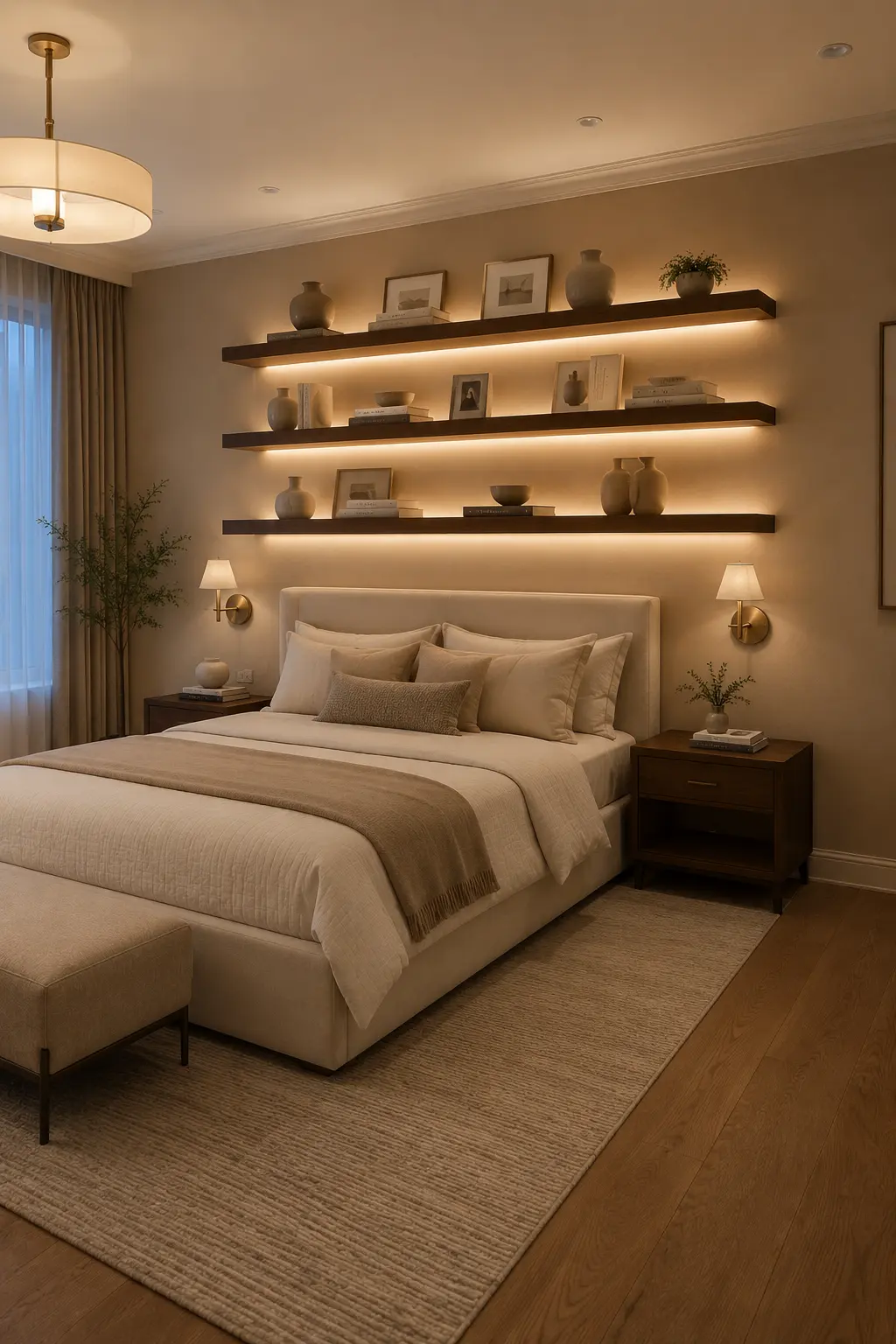 Elegant modern bedroom featuring three long dark walnut floating shelves installed horizontally above a softly upholstered cream bed. Each shelf includes concealed warm LED lighting underneath, creating a subtle architectural glow across the warm taupe wall. Neutral ceramic vases, framed artwork, stacked books, sculptural decor, and small plants are arranged across the illuminated shelves, while matching bedside tables, soft beige bedding, warm wood flooring, and contemporary lighting create a luxurious modern bedroom atmosphere.