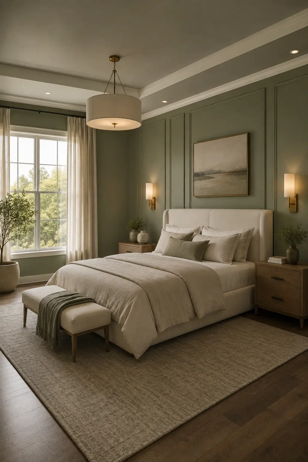 Elegant modern bedroom featuring muted sage green painted walls with detailed decorative panel molding, a cream upholstered bed with layered ivory and neutral bedding, warm wood nightstands, brass wall sconces, floor-to-ceiling cream curtains, a large textured neutral rug, hardwood flooring, framed artwork, subtle greenery, and natural window light creating a calm sophisticated luxury bedroom.