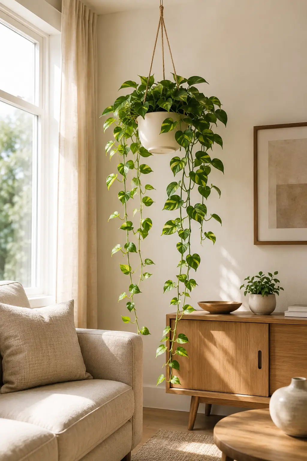 Lush Golden Pothos with heart-shaped green and golden variegated leaves growing in a white hanging planter, with long trailing vines beside a bright window, cream curtains, wooden console, and neutral modern living room decor.