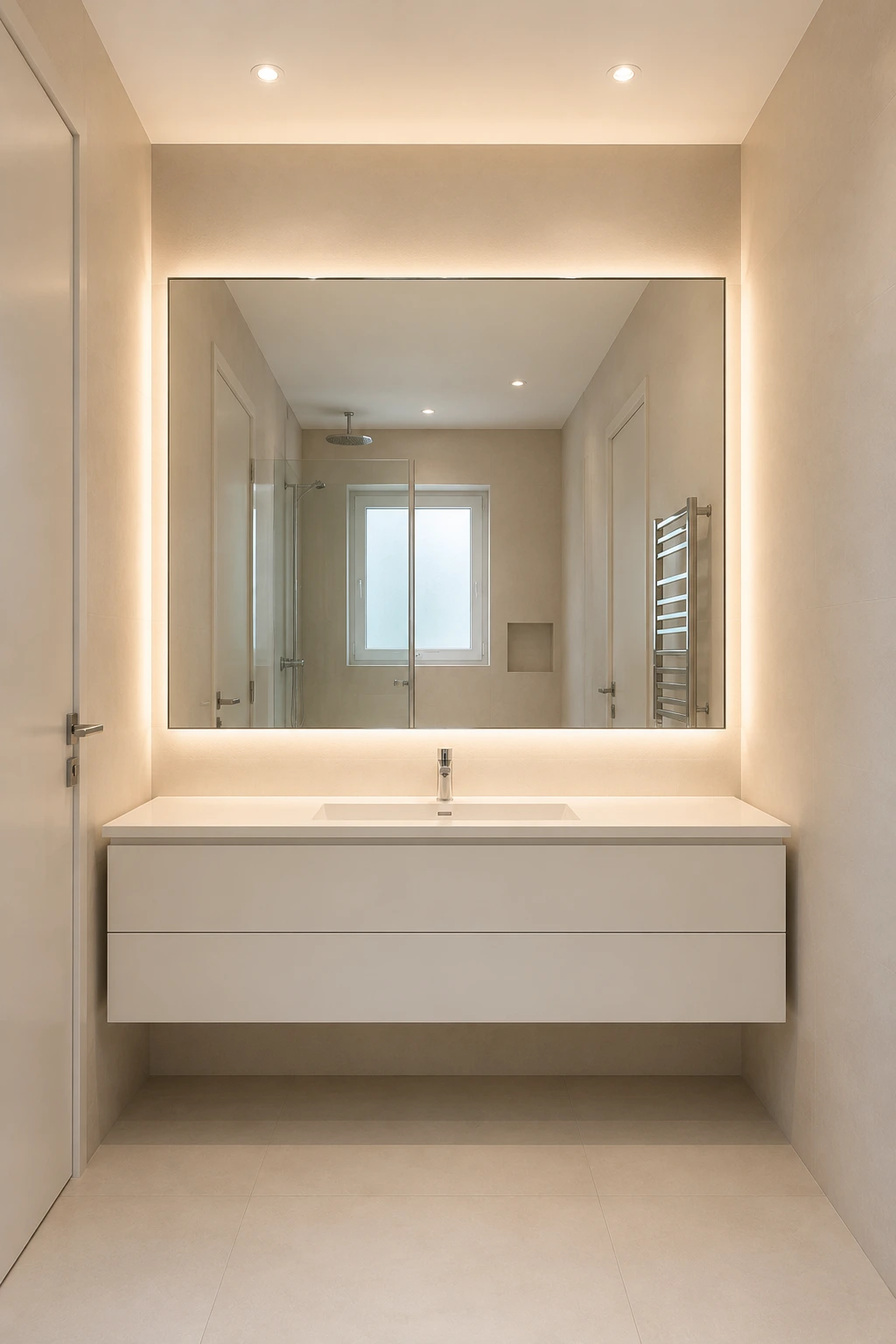 Narrow modern bathroom with a large full width frameless mirror extending across the vanity wall, reflecting the shower and opposite side of the room. The design features a floating white vanity, integrated sink, warm beige walls, soft LED mirror lighting, recessed ceiling lights, and clean contemporary finishes that visually expand the small bathroom.