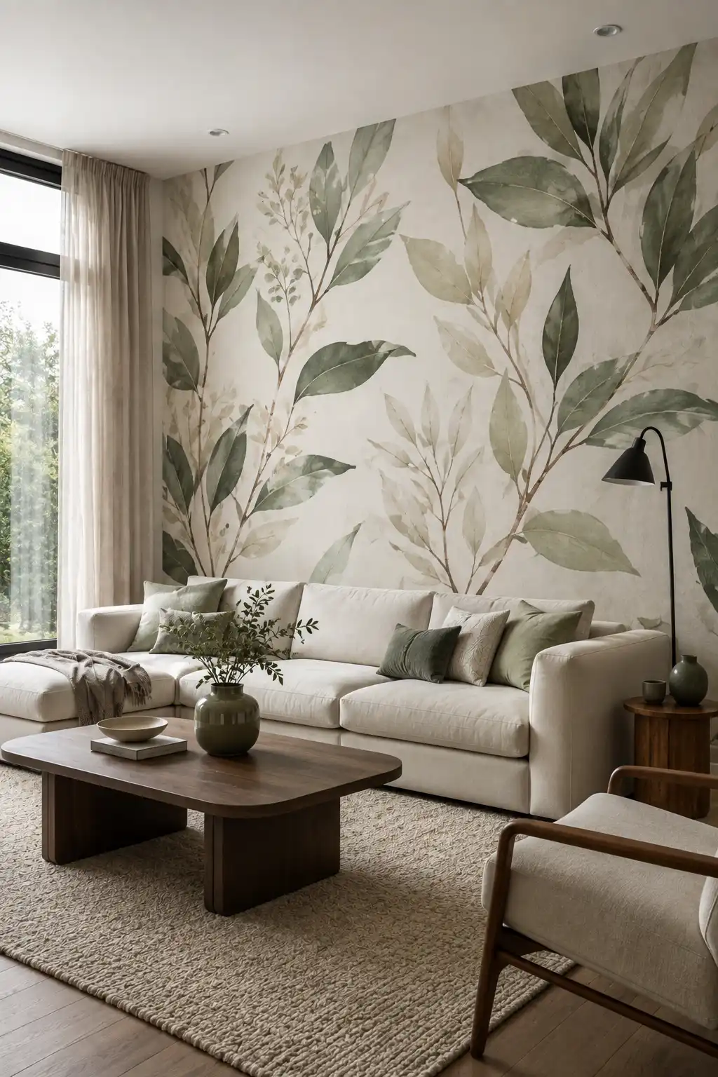Elegant modern living room featuring oversized botanical wallpaper with large sage green, olive, and beige leaves on a soft cream background, paired with a cream sectional sofa, warm wood coffee table, neutral textured rug, black floor lamp, natural greenery, and contemporary decor.