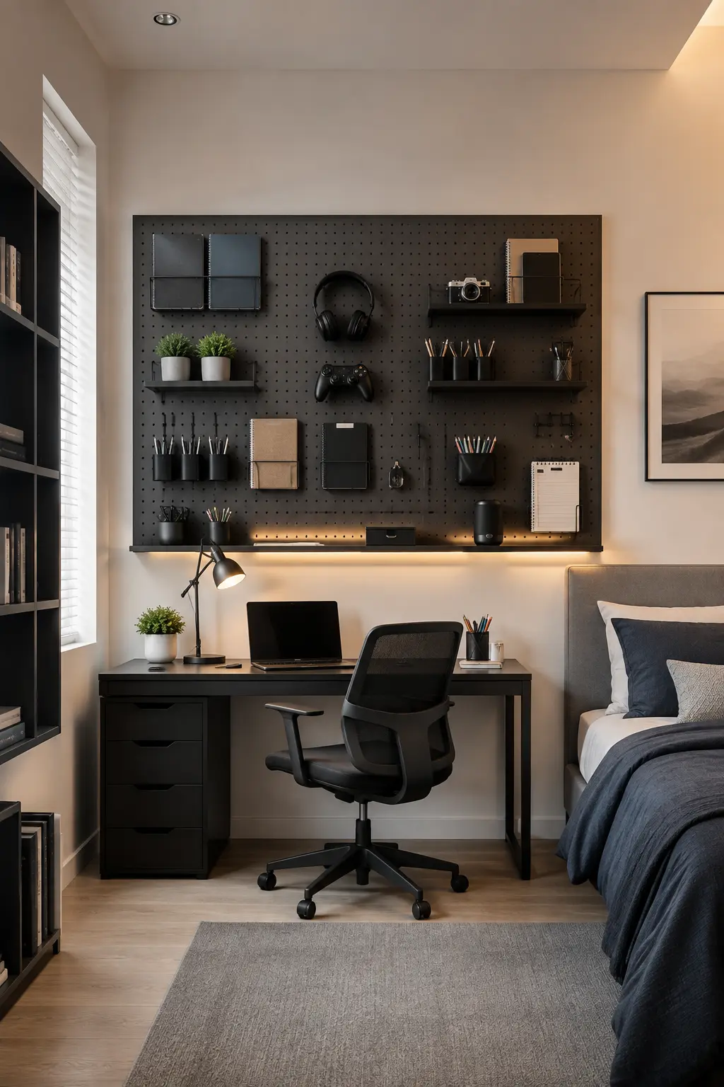 Modern teen bedroom study area featuring a large matte black pegboard mounted above a contemporary desk, with organized headphones, notebooks, pencils, camera, gaming controller, small shelves, storage containers, plants, and personal accessories. The workspace includes a modern desk, ergonomic chair, laptop, warm LED lighting, and neutral bedroom decor for a stylish and functional DIY organization setup.