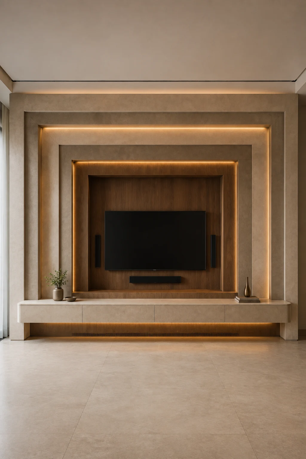 Architectural TV wall design featuring multiple layered rectangular portal frames surrounding a mounted television, with warm recessed LED lighting, rich wood detailing, integrated speakers, a soundbar, and streamlined built in storage for an elegant modern living space.