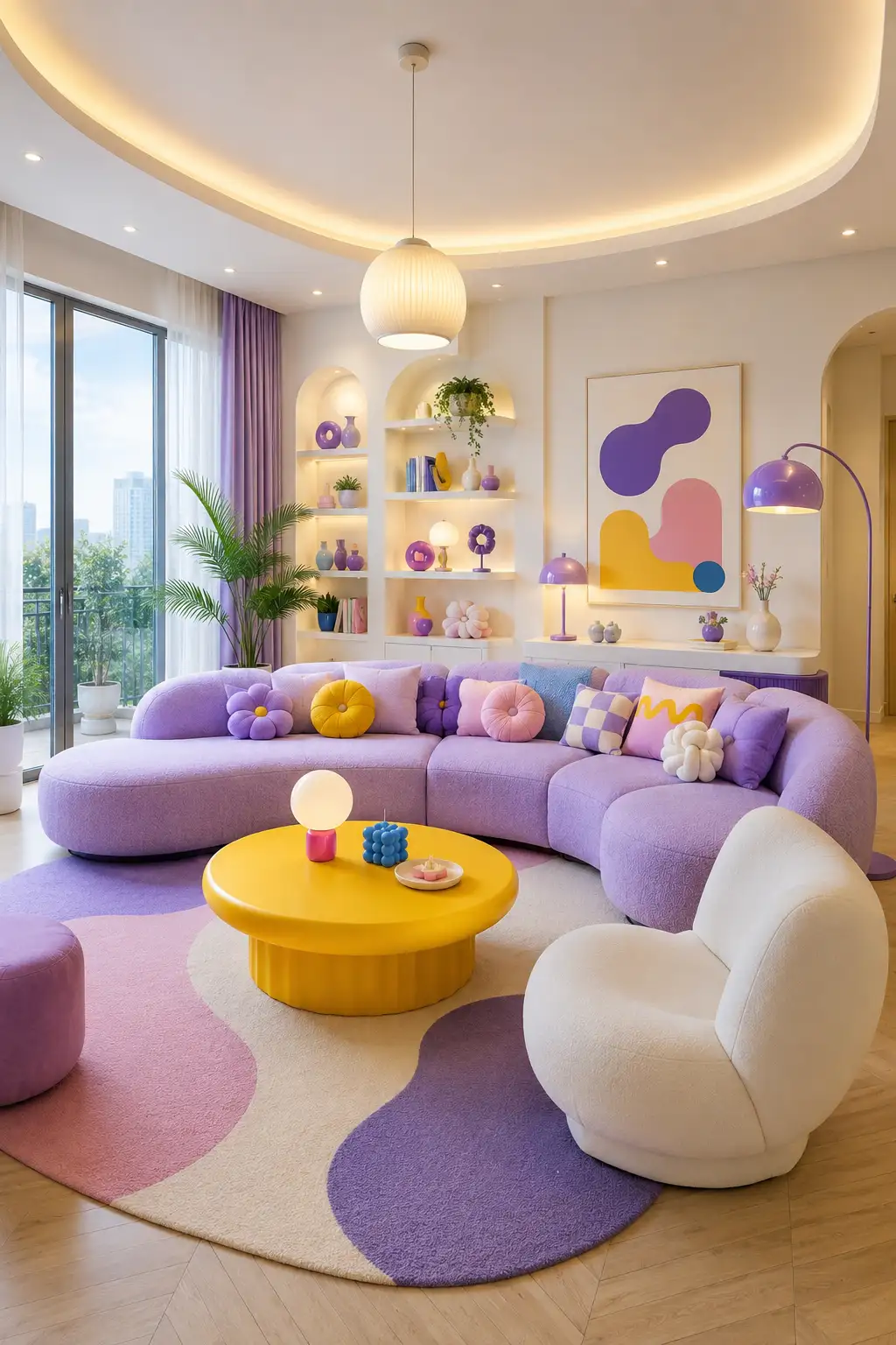 Playful Toca Boca inspired living room featuring a large lavender curved sectional sofa with pastel purple upholstery, bright yellow round coffee table, white sculptural accent chair, colorful flower shaped cushions, purple and yellow decorative accessories, abstract geometric wall art, illuminated arched shelving, large indoor palm, soft pastel area rug, modern pendant lighting, floor lamp, and spacious contemporary interior captured from a wide angle.
