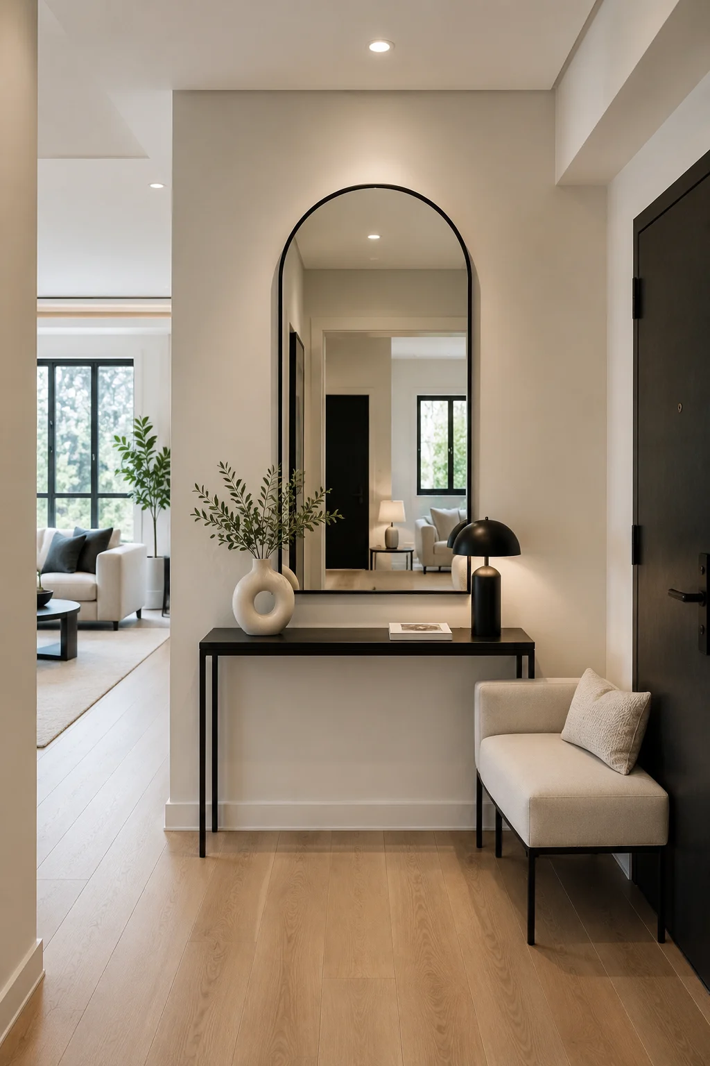 Modern entryway featuring a tall black-framed arched wall mirror above a slim black console table, styled with a sculptural cream vase, leafy branches, and a minimalist black table lamp, creating a bright and sophisticated contemporary hallway with warm wood flooring.