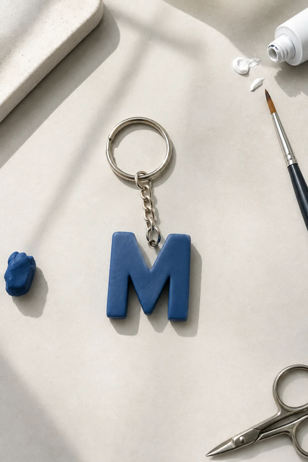 A finished personalized initial keychain featuring a bold navy blue letter M made from air-dry clay, attached to a short silver metal chain and round keyring, with blue clay, a paintbrush, and simple crafting supplies arranged around the handmade clay charm on a neutral tabletop.