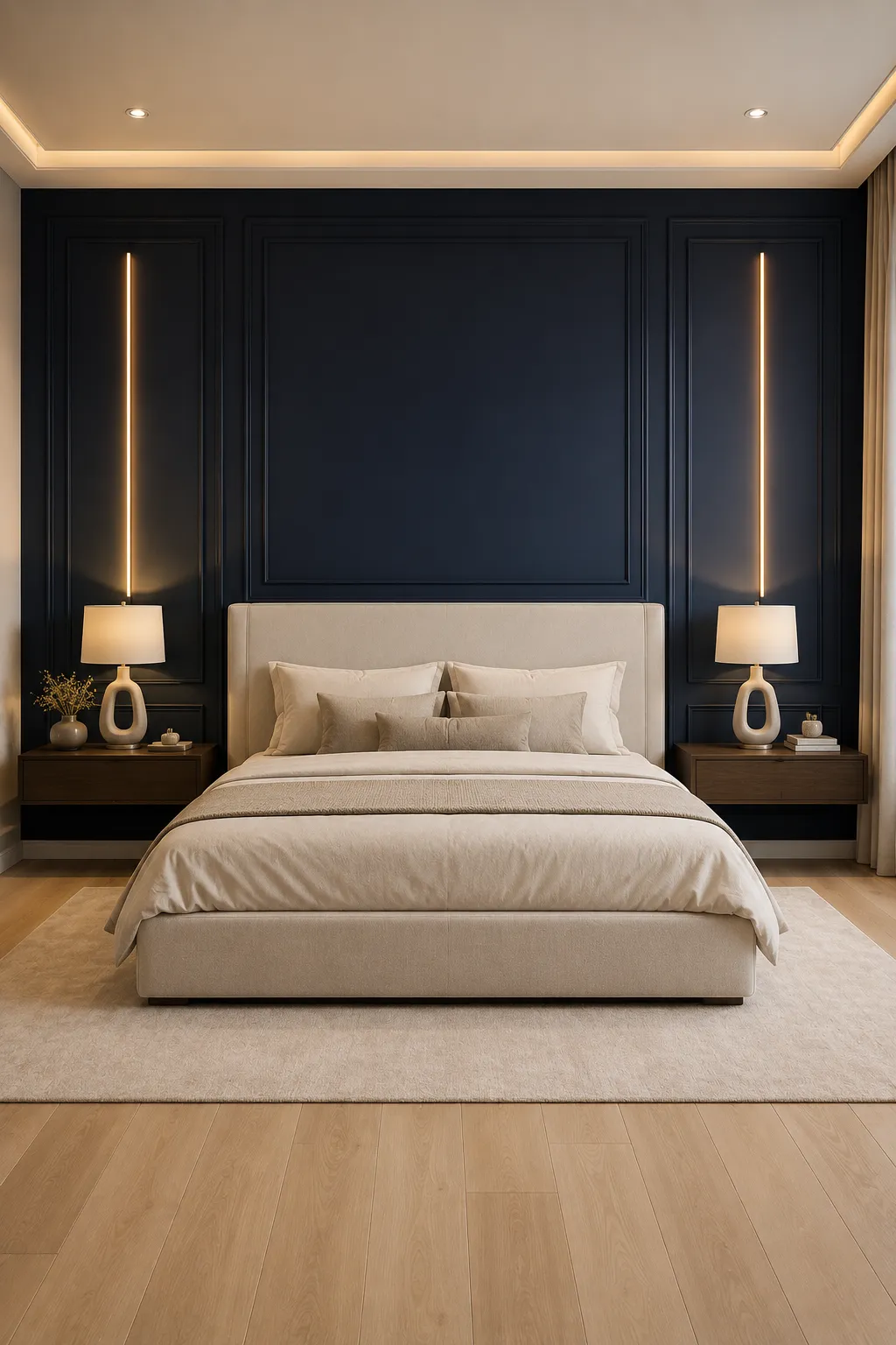 Elegant modern bedroom featuring a full midnight navy blue accent wall with symmetrical raised wall molding, tall rectangular panels, warm integrated lighting, upholstered ivory bed, neutral layered bedding, dark walnut nightstands, sculptural bedside lamps, soft beige area rug, light oak flooring, and refined luxury bedroom decor.