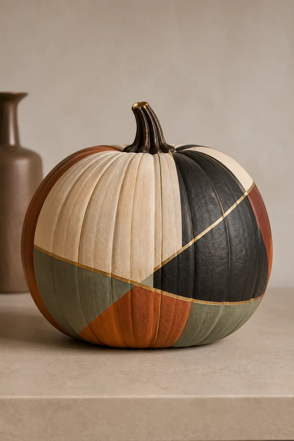A real pumpkin painted with modern color blocking in warm ivory, muted terracotta, charcoal black, soft olive green, and thin champagne gold lines, creating a sophisticated contemporary fall decor accent.