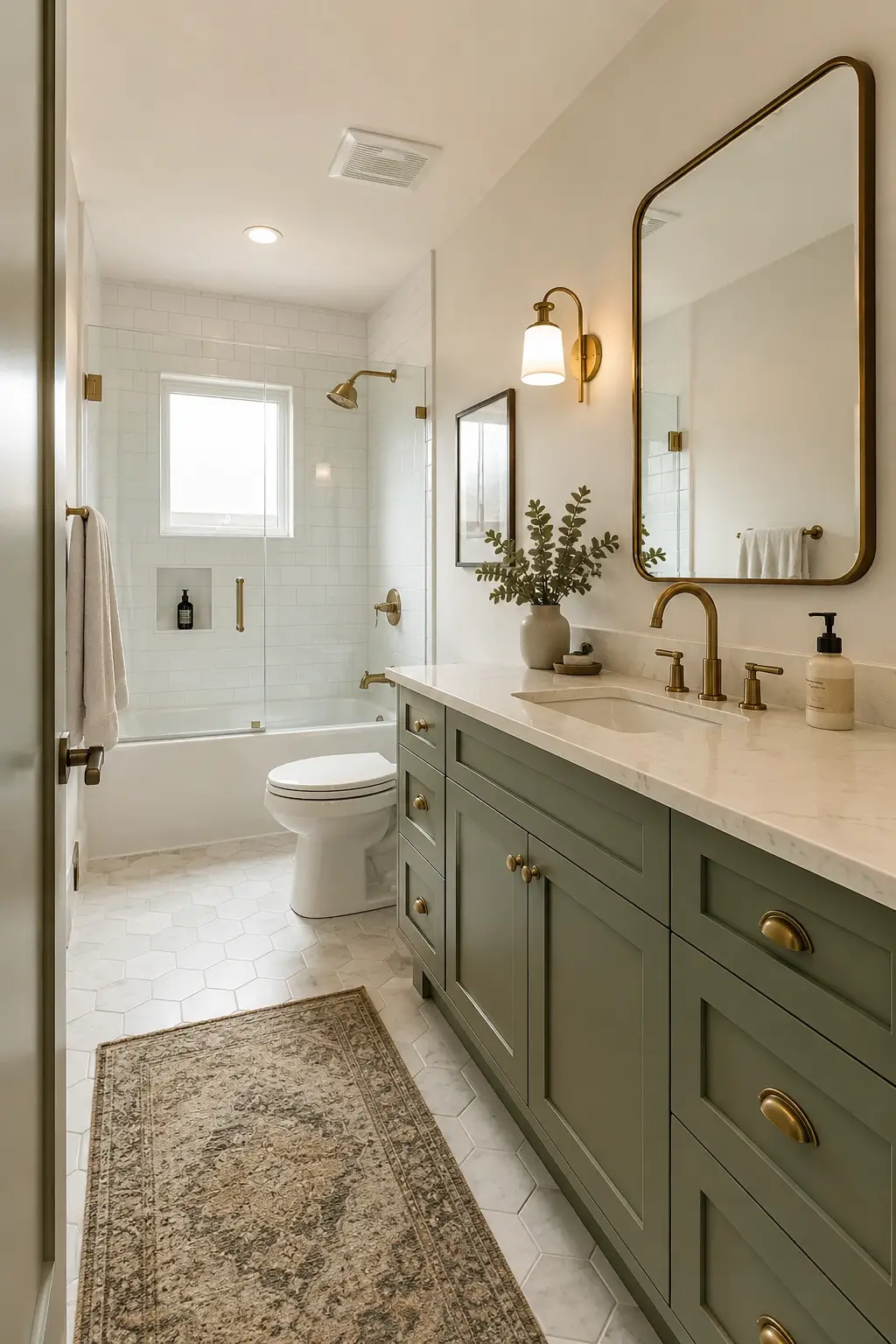 Bright sage green bathroom featuring a muted sage painted vanity with detailed cabinet doors, white quartz-style countertop, integrated bathroom sink, brushed brass faucet and cabinet hardware, oversized rounded brass mirror, white subway shower tile, white bathtub, pale hexagonal floor tile, patterned neutral runner, framed wall art, and subtle greenery. The complete bathroom is shown from a realistic wide interior photography angle.
