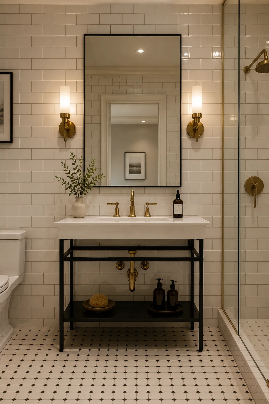 Modern vintage bathroom featuring warm cream subway tile, a white porcelain console sink with black metal frame, antique brass faucet and sconces, black-framed mirror, geometric floor tile, and elegant timeless bathroom design.