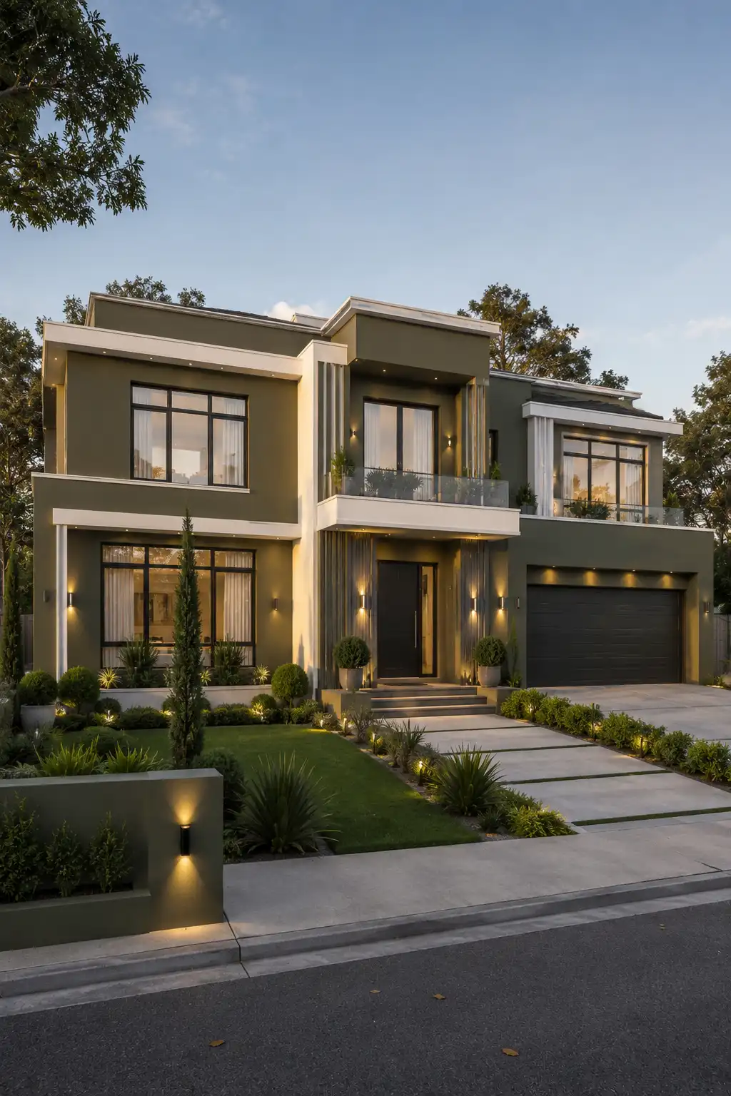 Luxury contemporary two story home painted in deep muted olive green with warm ivory trim, black framed windows, dark entrance door, modern garage, geometric facade, manicured lawn, structured shrubs, and sophisticated exterior lighting.