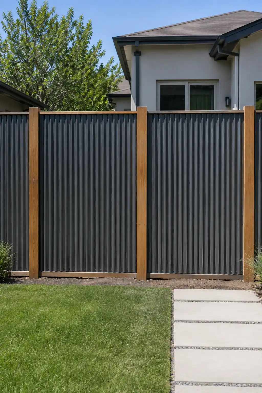 Modern corrugated metal privacy fence featuring dark charcoal vertical panels framed by warm natural wood posts, shown across a neatly landscaped backyard with green grass, concrete stepping stones, and a contemporary white home.
