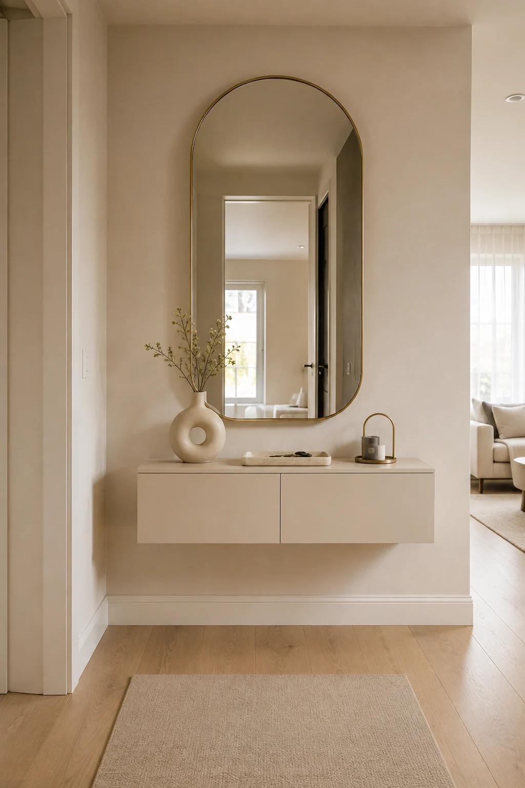 Modern narrow entryway featuring a wall mounted floating cream storage cabinet, tall arched mirror with a slim brass frame, minimalist cream walls, warm light wood flooring, sculptural ceramic vase, shallow decorative tray, small contemporary accessory, open floor space beneath the cabinet, neutral rug, and sophisticated space saving entryway decor for a bright compact home.
