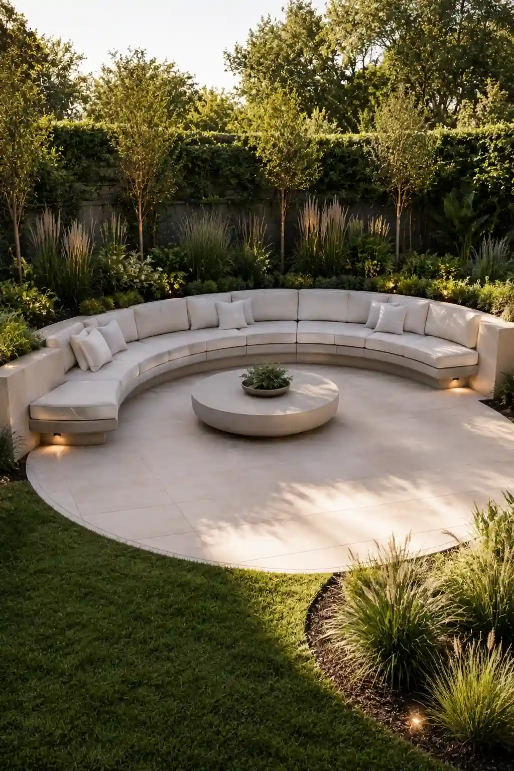 Dreamy modern backyard seating area with a sweeping curved cream sectional, round low profile coffee table, pale stone patio, manicured green lawn, tall ornamental grasses, layered shrubs, slender privacy trees, and subtle landscape lighting for a relaxing outdoor retreat.