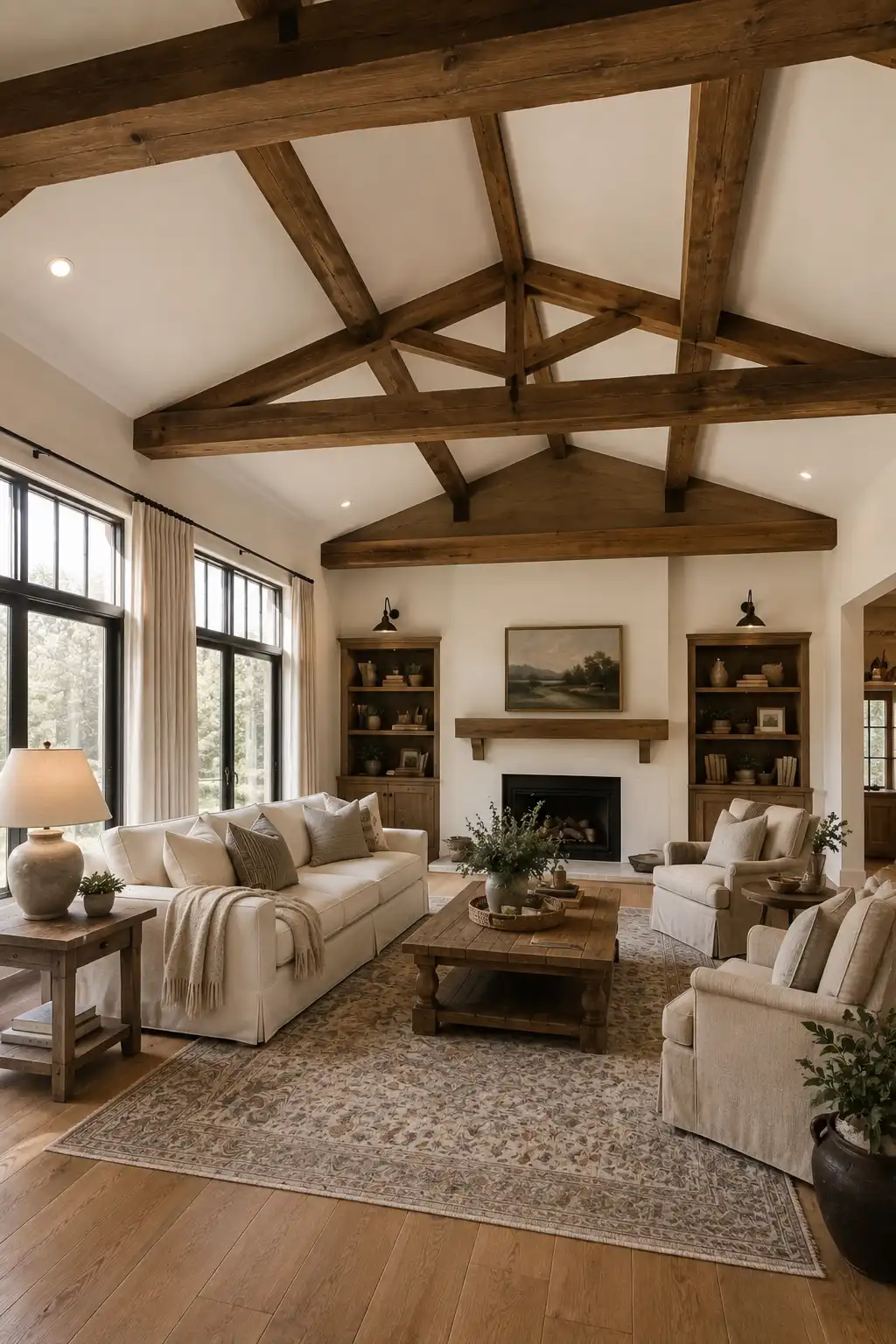Spacious Joanna Gaines inspired living room with dramatic exposed wood ceiling beams, vaulted ceilings, cream upholstered seating, rustic wood coffee table, patterned vintage rug, black framed windows, fireplace, built in shelving, and warm neutral farmhouse styling.