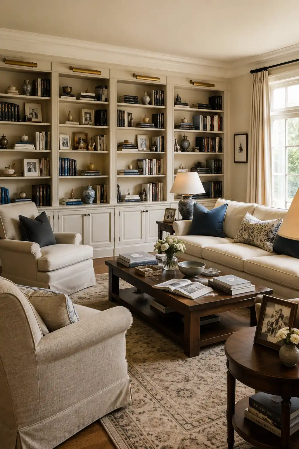 Elegant Nancy Meyers inspired living room with floor to ceiling built in bookshelves, cream upholstered sofa and armchairs, dark wood coffee table, navy accent pillows, ceramic lamps, framed family photos, books, and softly layered traditional decor.