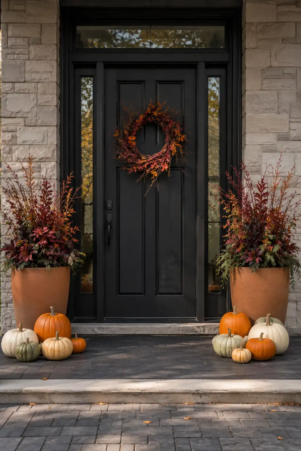 Sophisticated outdoor fall decor around a modern black front door featuring oversized terracotta planters filled with burgundy and copper foliage, a natural autumn wreath, and grouped orange, cream, and muted green pumpkins.