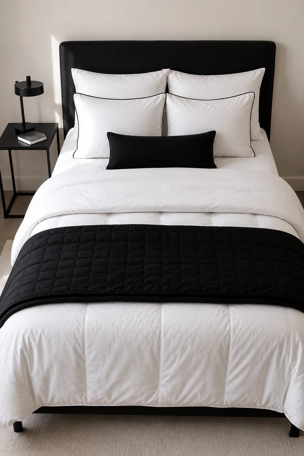 Black and white dorm bedding idea featuring a crisp white comforter, white pillows with black piping, a bold black lumbar cushion, quilted black bed throw, black upholstered headboard, and matching bedside table for a polished college dorm room.