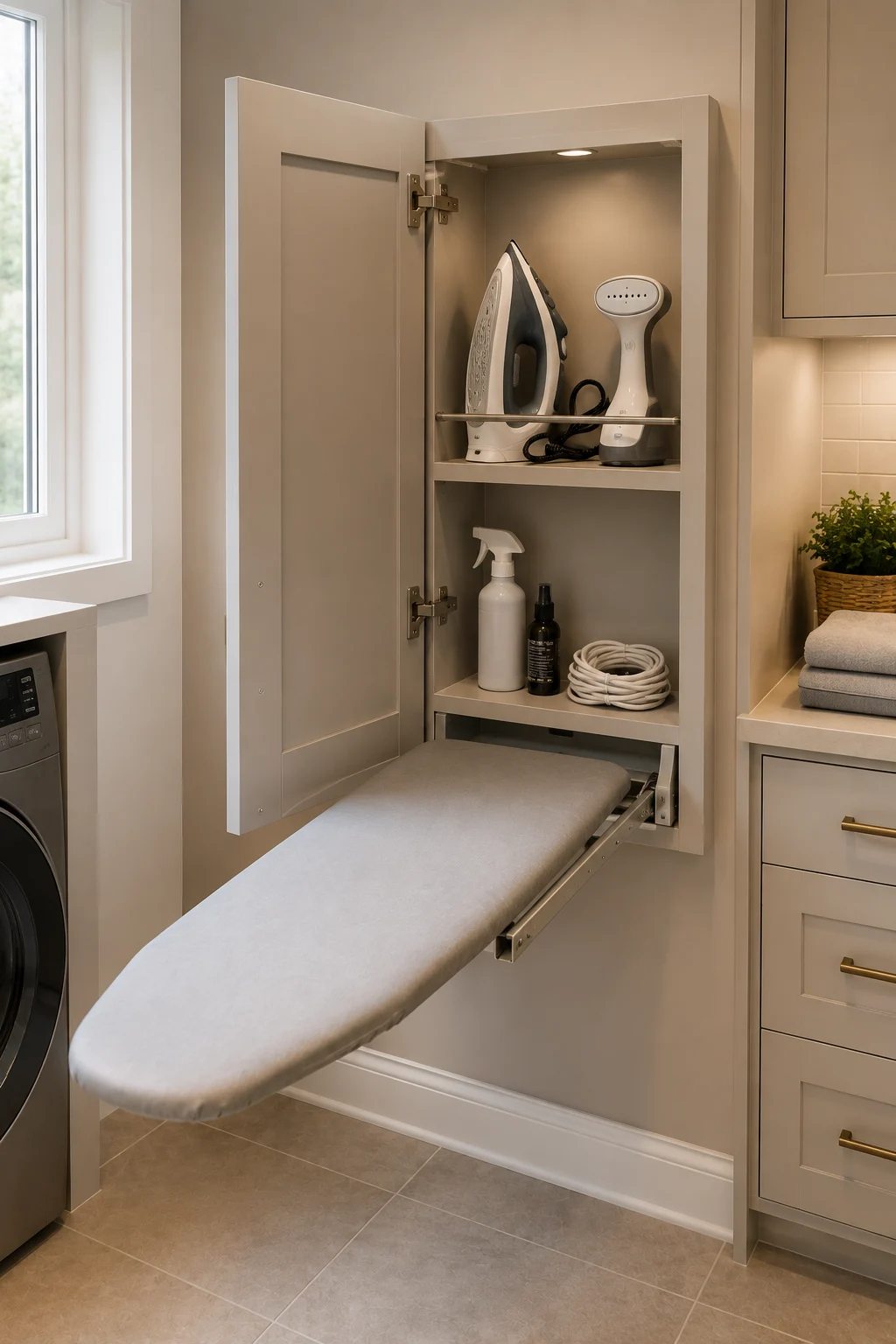 Space saving laundry room organization featuring a hidden wall mounted ironing station with a fold down ironing board, built in cabinet storage, iron, handheld steamer, fabric care supplies, and a compact design for keeping laundry essentials organized.