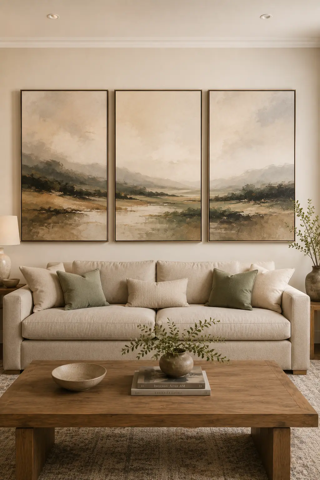 Elegant living room wall decor featuring three tall coordinated landscape paintings arranged as a large triptych above a cream sofa, with slim dark frames, soft neutral colors, warm wood furniture, and refined contemporary styling.