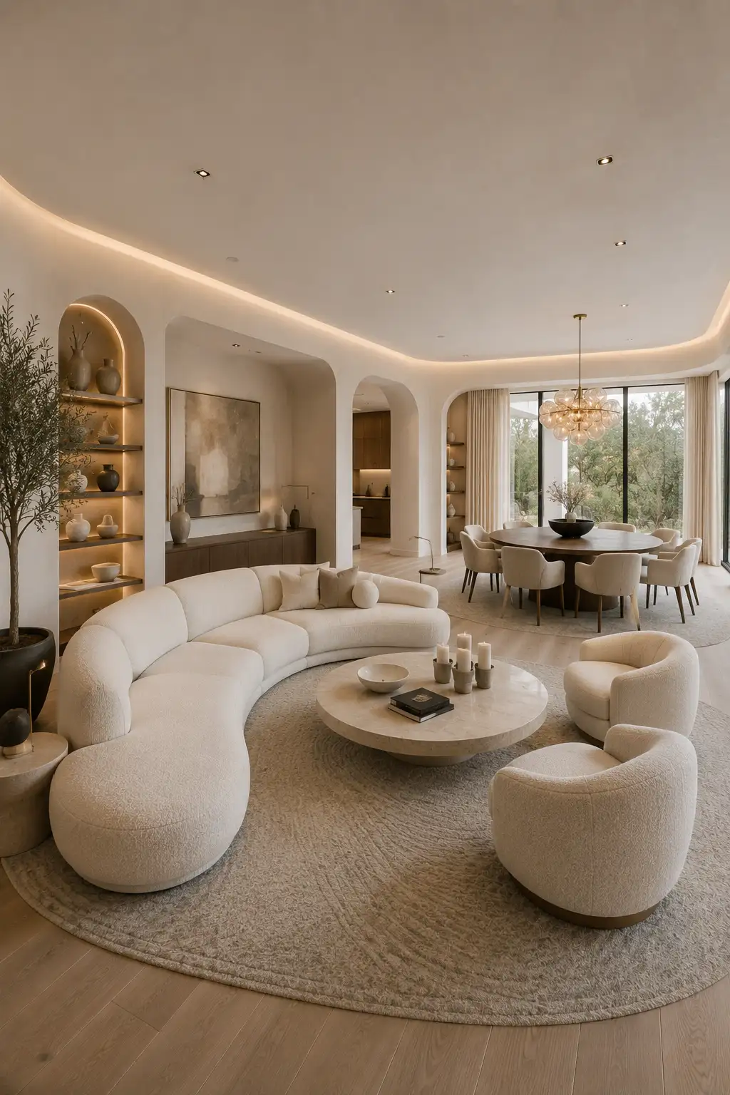 Curved contemporary open layout living room dining room with a sculptural ivory curved sectional sofa, round natural stone coffee table, circular walnut dining table, elegant upholstered dining chairs, rounded architectural walls, designer pendant lighting, floor to ceiling windows, warm neutral interiors, premium wood finishes, and stylish modern luxury home decor.