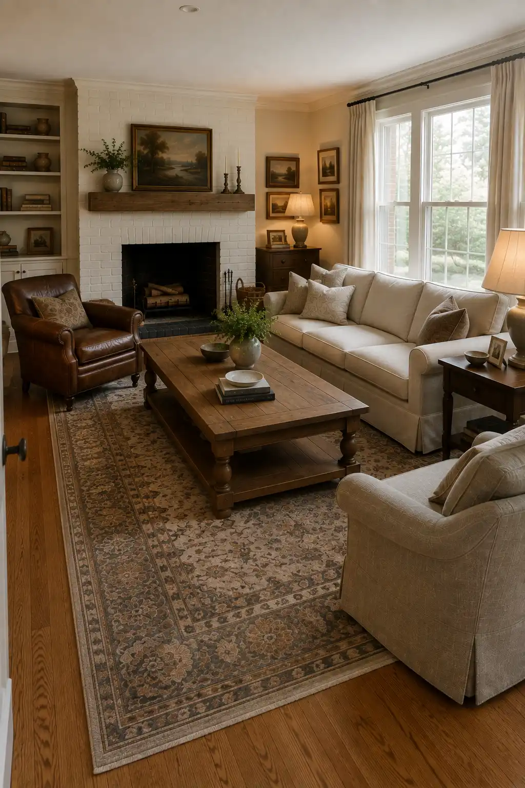 Warm Joanna Gaines inspired living room featuring a white painted brick fireplace with rustic wood mantel, creamy neutral sofa and armchair, brown leather accent chair, oversized wood coffee table, traditional floral rug, built in shelving, gallery style landscape artwork, and softly layered lighting.