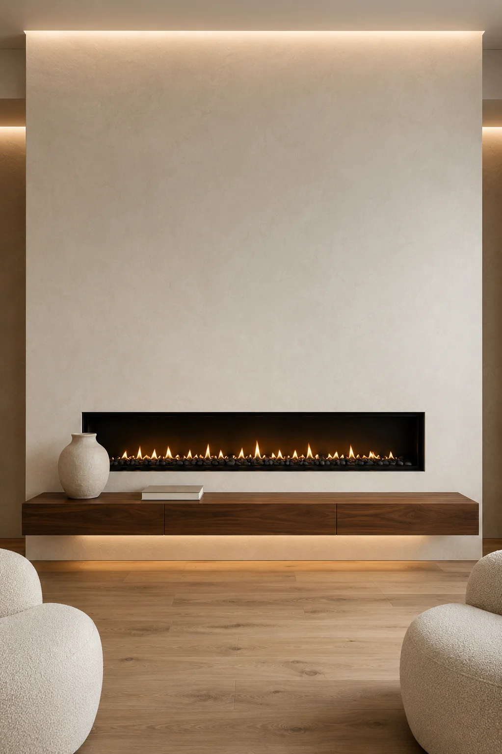 Modern floating fireplace wall with hidden walnut storage, sleek frameless linear fireplace, floating wood media console, concealed warm LED lighting, minimalist plaster feature wall, luxury neutral furniture, and a stylish contemporary living room with designer architectural details.