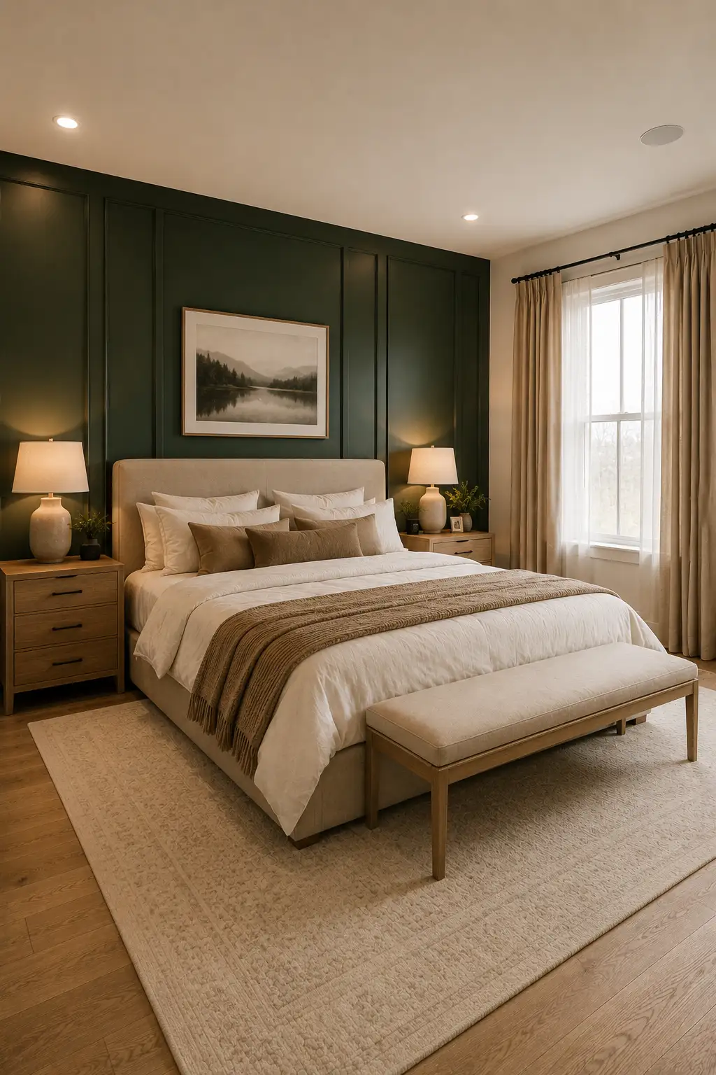 Elegant adult bedroom with a deep green paneled accent wall, cream upholstered bed, layered white and taupe bedding, warm wood nightstands, matching bedside lamps, neutral area rug, upholstered bench, and sophisticated modern bedroom styling.