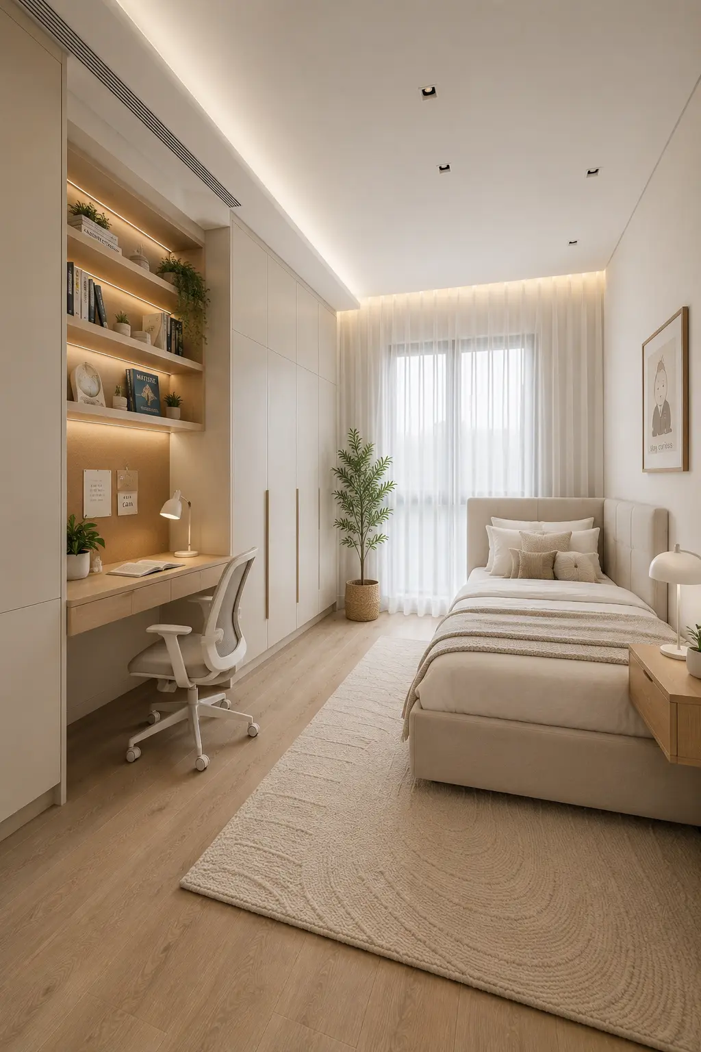 Modern kids study bedroom featuring a built in homework desk, floor to ceiling wardrobes, illuminated open shelves, ergonomic desk chair, neutral upholstered bed, light wood flooring, soft curtains, and organized storage for a calm and practical kids room renovation.