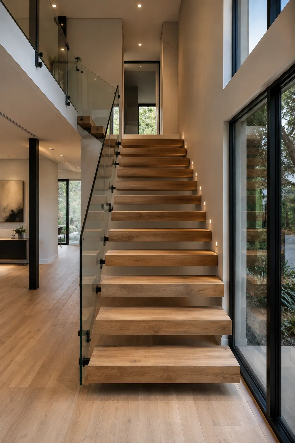 Modern floating staircase with thick natural oak treads projecting from the wall, open risers, concealed structural supports, clear glass railing panels, minimal black hardware, warm wood flooring, large floor to ceiling windows, and clean Minecraft inspired rectangular staircase geometry.
