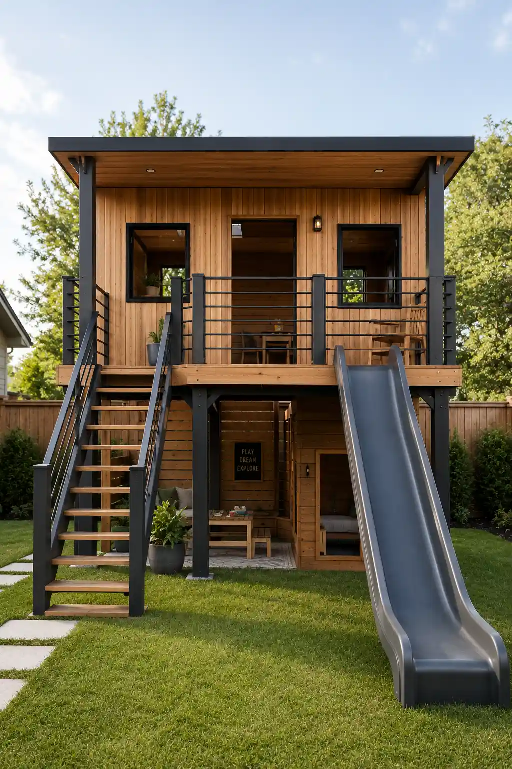 Raised DIY kids playground featuring a spacious contemporary wooden playhouse with warm vertical wood siding, large black-framed windows, covered upper deck, matte black structural framing, secure staircase, wide dark gray slide, open lower-level hideaway, built-in seating area, realistic backyard landscaping, green lawn, mature trees, and modern family-home surroundings.