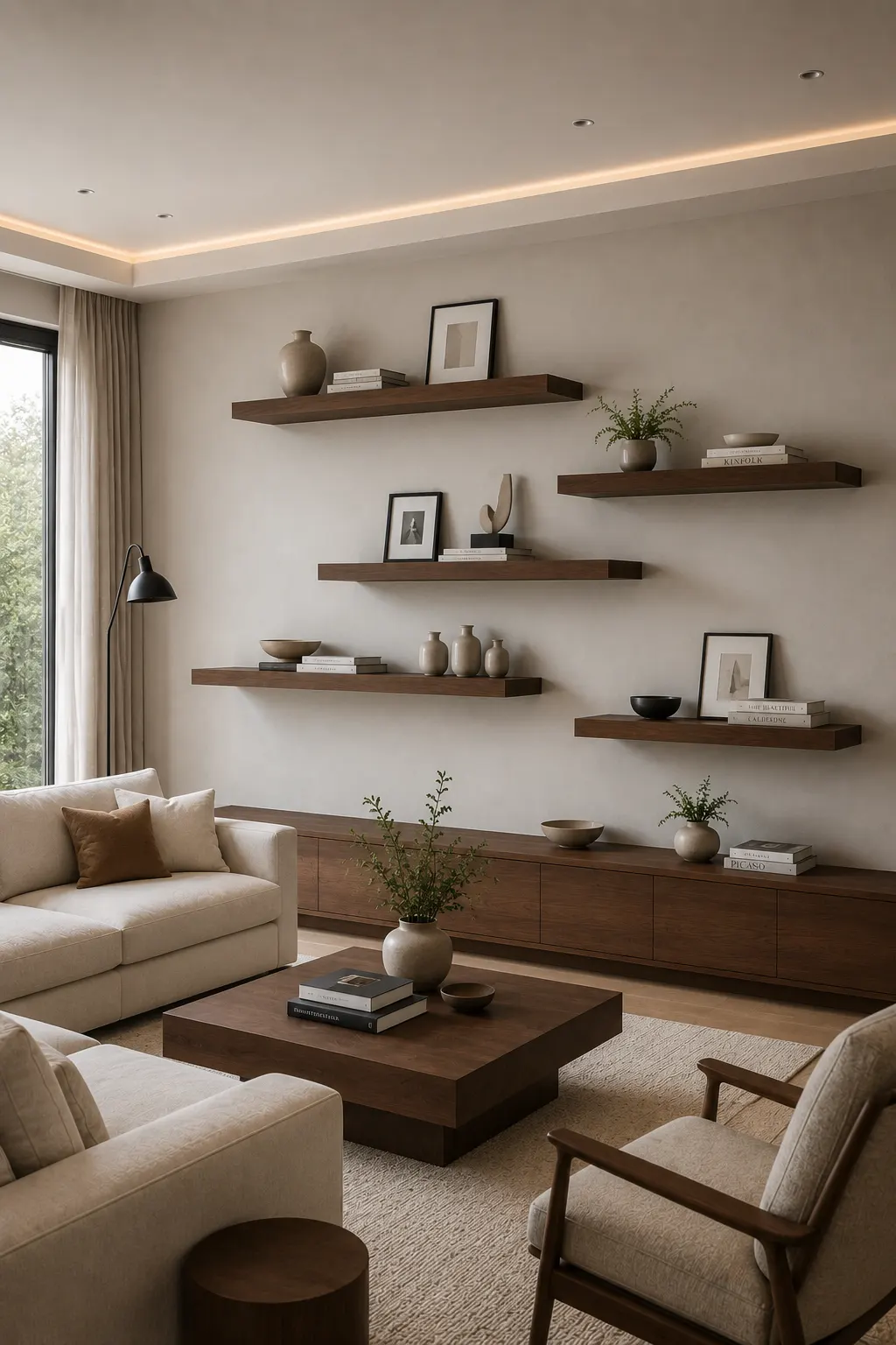 Modern living room featuring multiple walnut floating shelves in different lengths arranged across a large warm neutral wall. The varied shelf widths create an asymmetrical contemporary wall composition with carefully balanced spacing and clean concealed mounting. Neutral ceramic vessels, framed minimalist artwork, stacked books, sculptural accents, and small greenery decorate the shelves, while a cream sofa, dark walnut coffee table, textured area rug, modern armchairs, and warm ambient lighting complete the sophisticated interior.