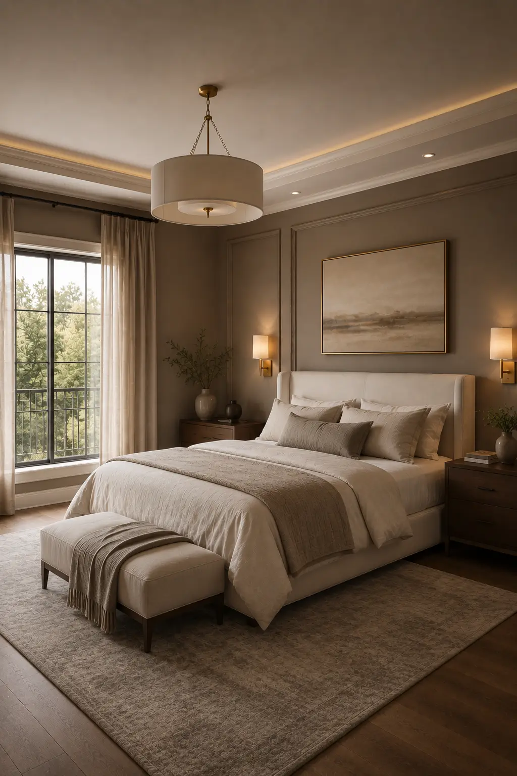 Sophisticated bedroom featuring warm mushroom taupe painted walls with elegant decorative panel molding, a large cream upholstered bed layered with ivory bedding and taupe accent pillows, dark wood nightstands, warm brass wall sconces, a large textured neutral area rug, floor-to-ceiling beige curtains, hardwood flooring, framed abstract artwork, and warm ambient lighting creating an inviting modern luxury bedroom.