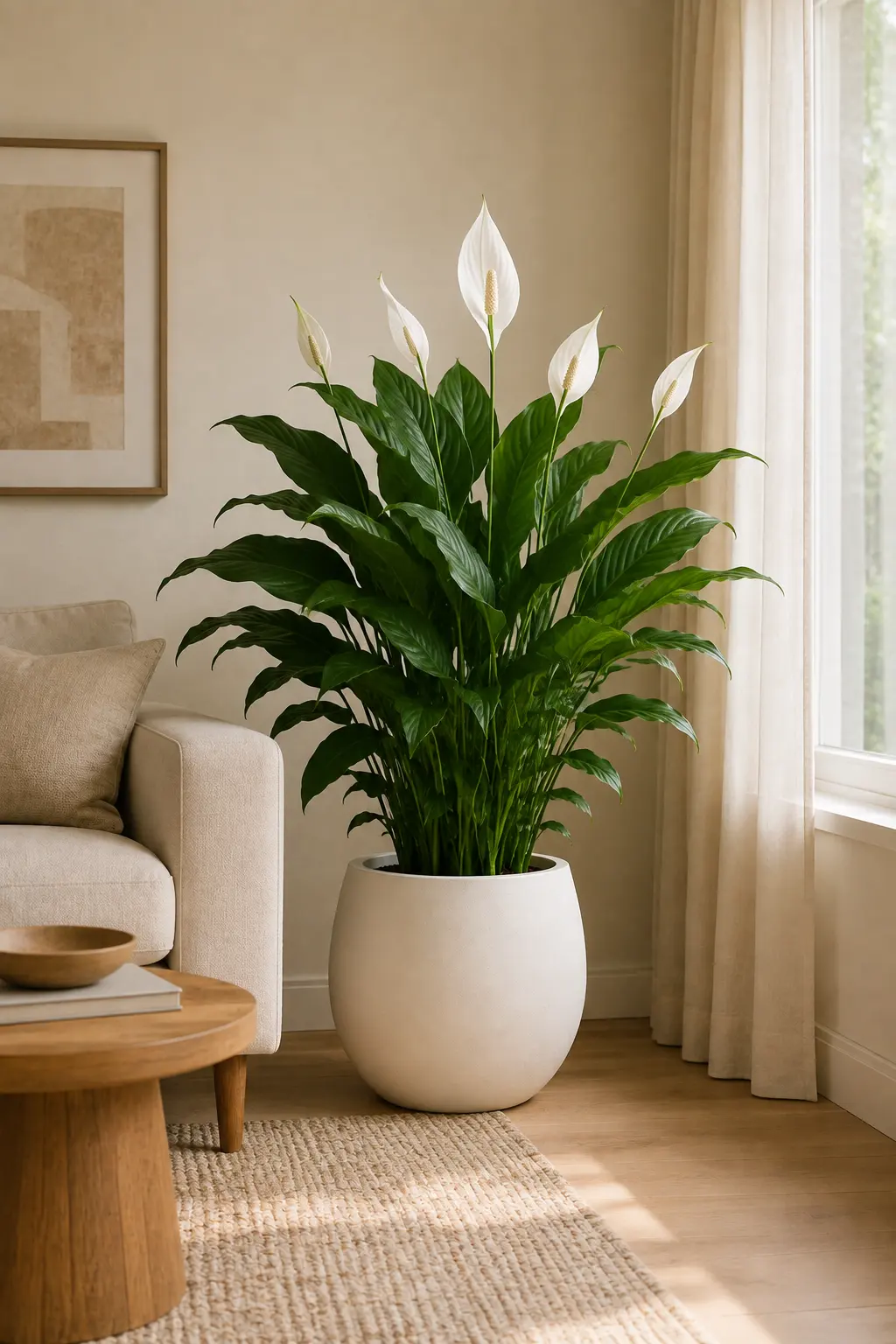 Full Peace Lily with glossy deep green leaves and several elegant white flowers in a large rounded white ceramic planter beside a cream sofa, wooden coffee table, neutral rug, framed artwork, and bright window in a contemporary living room.