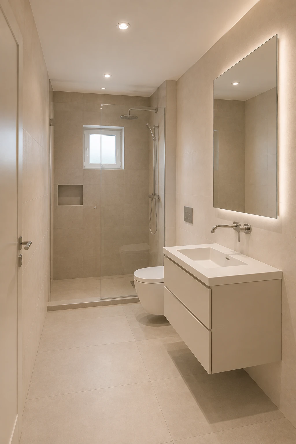 Small contemporary bathroom with a completely frameless clear glass shower enclosure, allowing an uninterrupted view through the compact space. Warm greige porcelain tiles, a floating white vanity, large frameless mirror, minimalist chrome shower fixtures, recessed niche, and soft architectural lighting create an open modern luxury bathroom design.