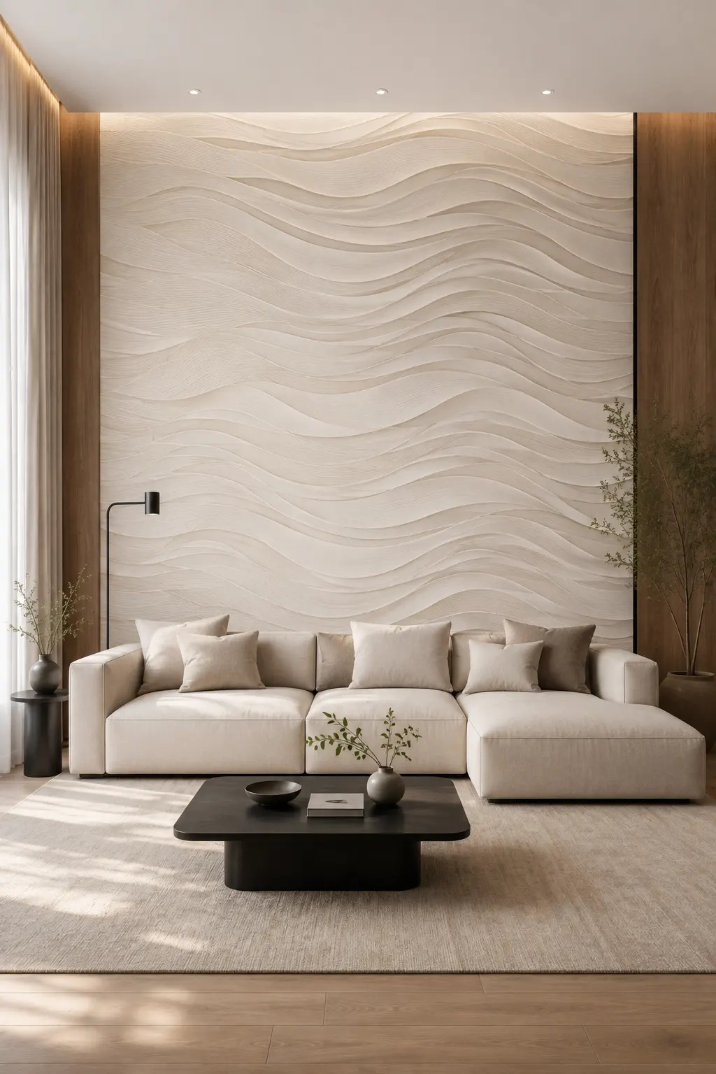 Sophisticated contemporary living room featuring sculpted ivory wave wallpaper with layered flowing raised lines, a large cream sectional sofa, black modern coffee table, warm wood wall accents, neutral area rug, soft natural lighting, and refined luxury home decor.