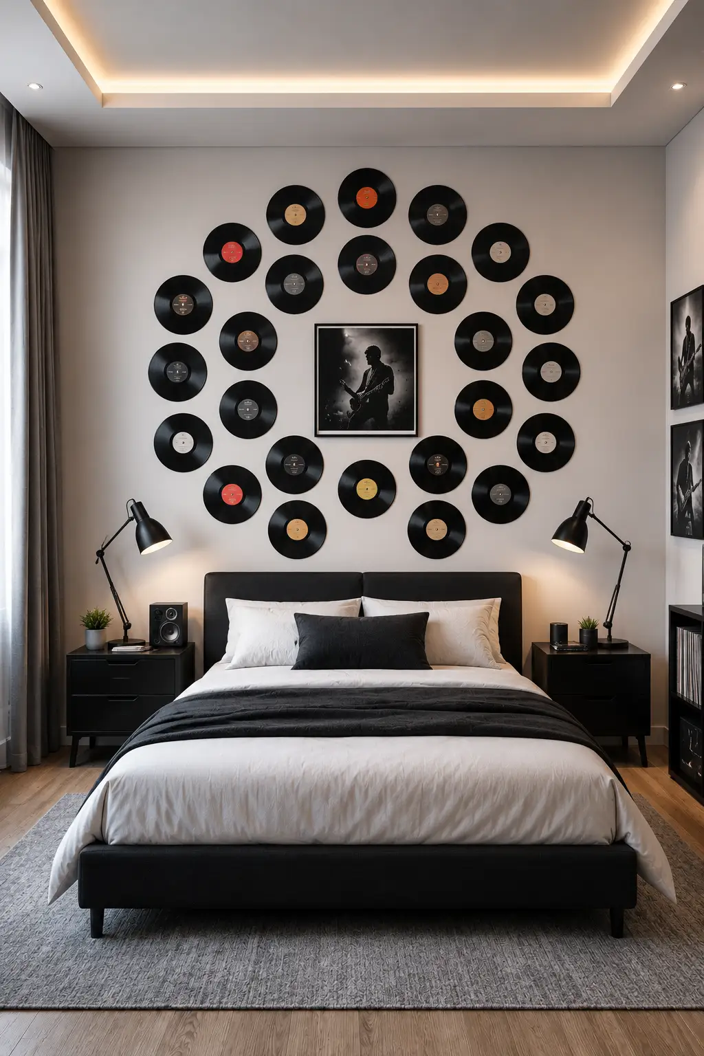 Modern teen bedroom featuring a dramatic DIY vinyl record wall arranged in a large circular display above a contemporary bed, with black vinyl records surrounding framed music artwork. The room includes sleek black nightstands, modern table lamps, neutral bedding, a compact speaker, and sophisticated black, white, and gray decor for a stylish music inspired bedroom.