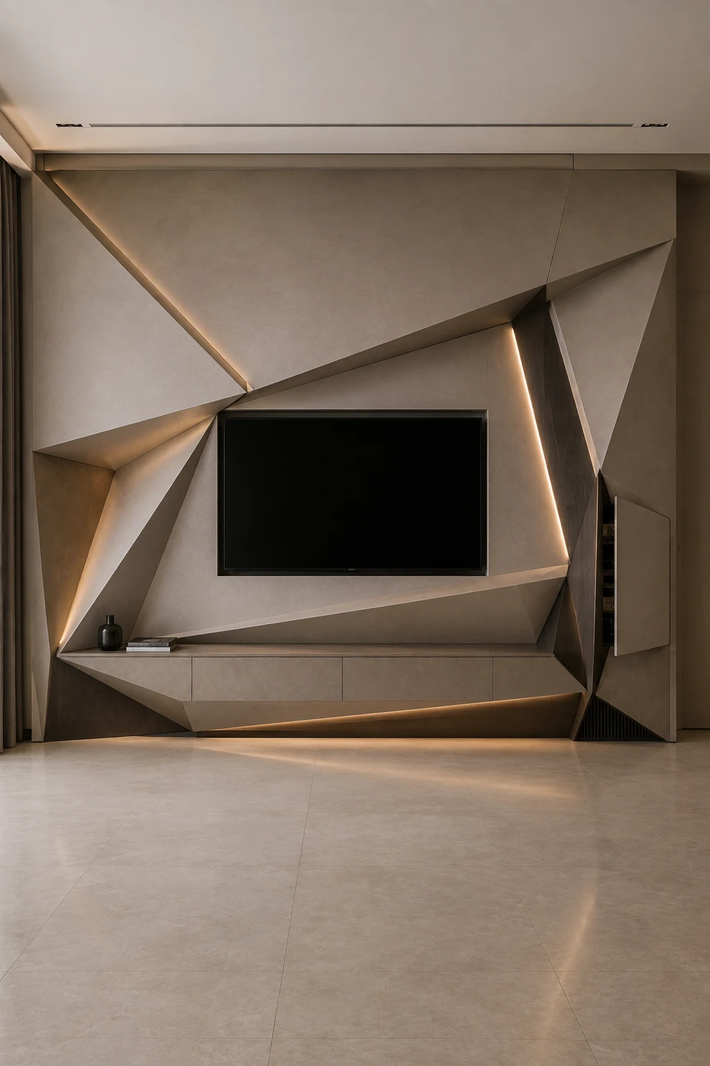 Modern geometric TV wall featuring dramatic folded 3D panels arranged around a large mounted television, with angular architectural surfaces, illuminated shadow gaps, concealed media storage, and warm ambient lighting for a bold contemporary statement interior.