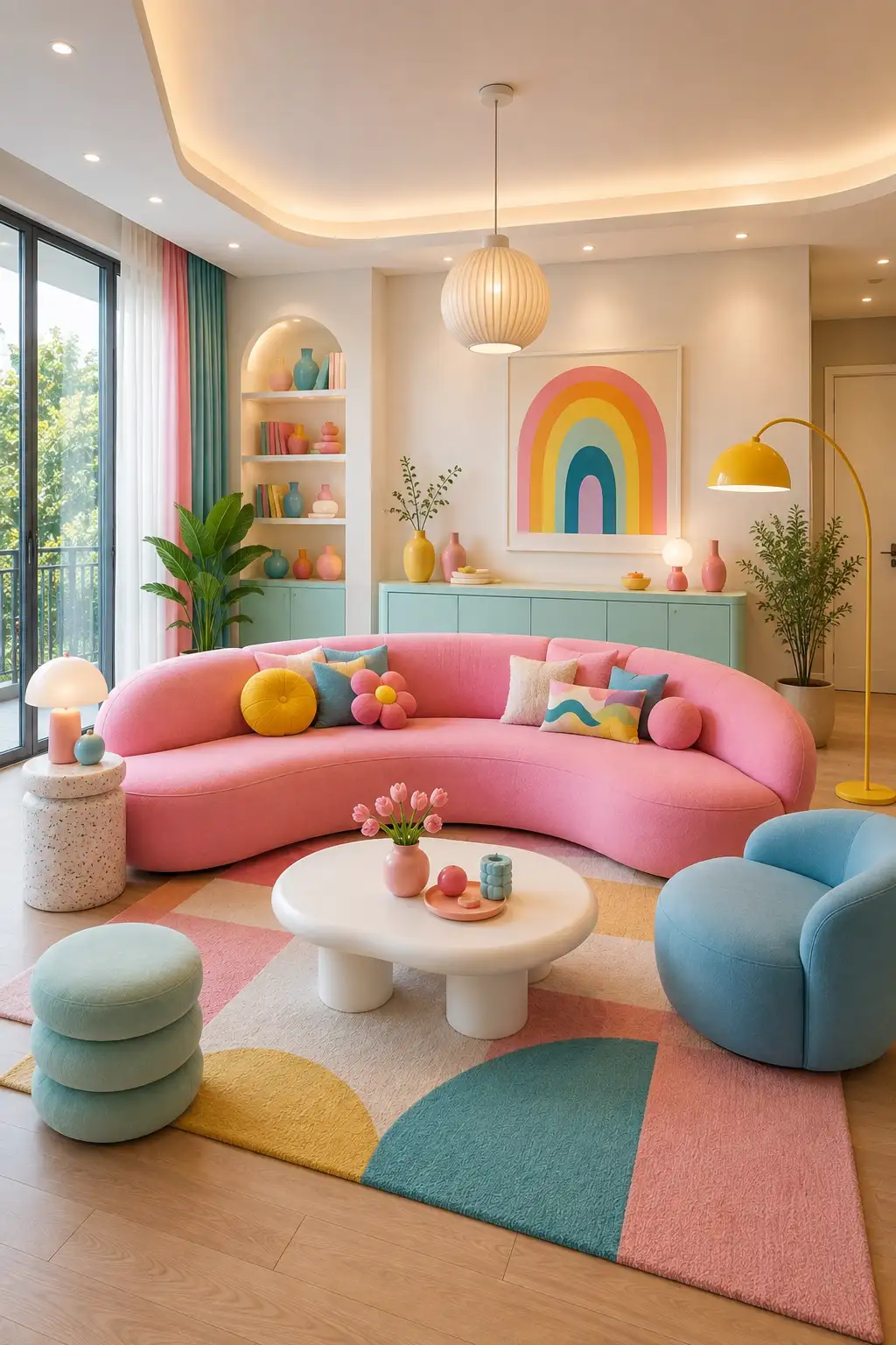 Colorful Toca Boca inspired living room featuring a large curved pastel pink sofa, rounded blue accent chair, stacked mint green ottomans, white sculptural coffee table, colorful geometric area rug with pink, blue, yellow, and teal shapes, rainbow wall artwork, pastel decorative vases, indoor plants, colorful curtains, modern pendant lighting, built in shelving, and a bright contemporary room layout shown in a complete wide angle view.